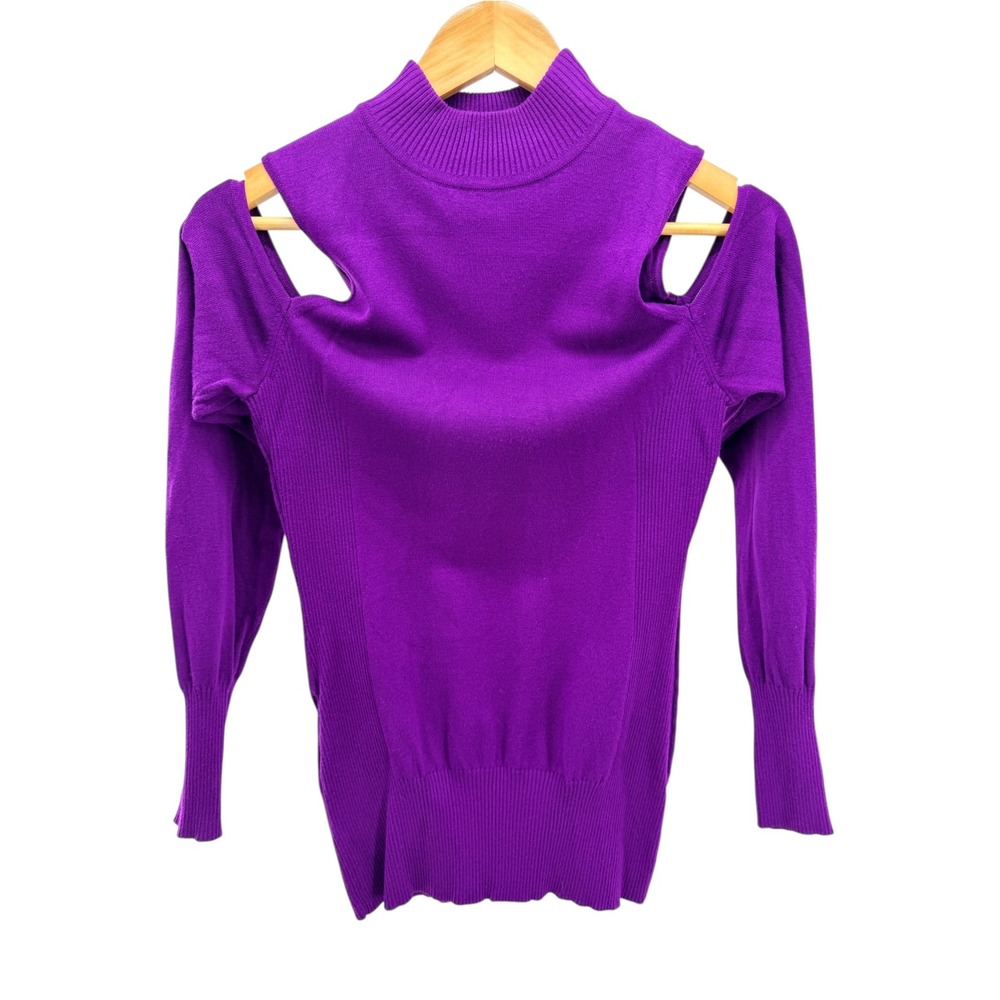 Cache Purple Cold Shoulder Mock Neck Sweater Cutout Ribbed Knit Pullover Top L
